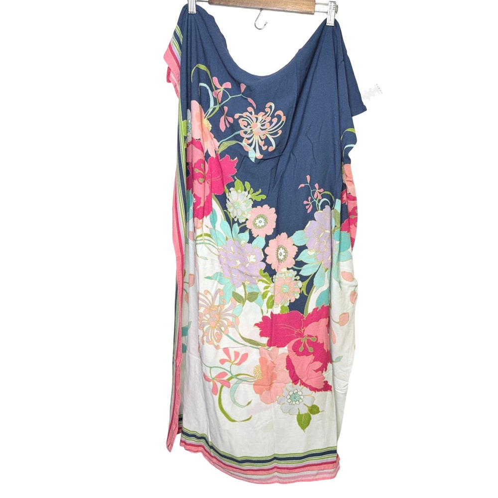 Trina Turk Floral Oversized Scarf Navy Pink Viscose Tassel One Size TT8BT47